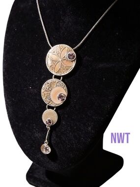 NWT Pilgrim Danish Design Enamel Necklace Silver Tone & Gold  Circle Pendant